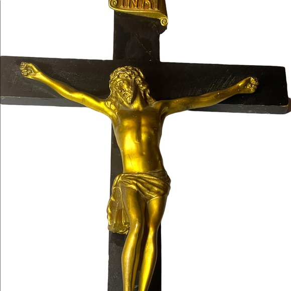 Antique Black Oak wood Victorian Heavy Brass Crucifix Religious Jesus Wall hang - Picture 13 of 16